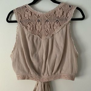 Free people beige embroidered top with ties, S